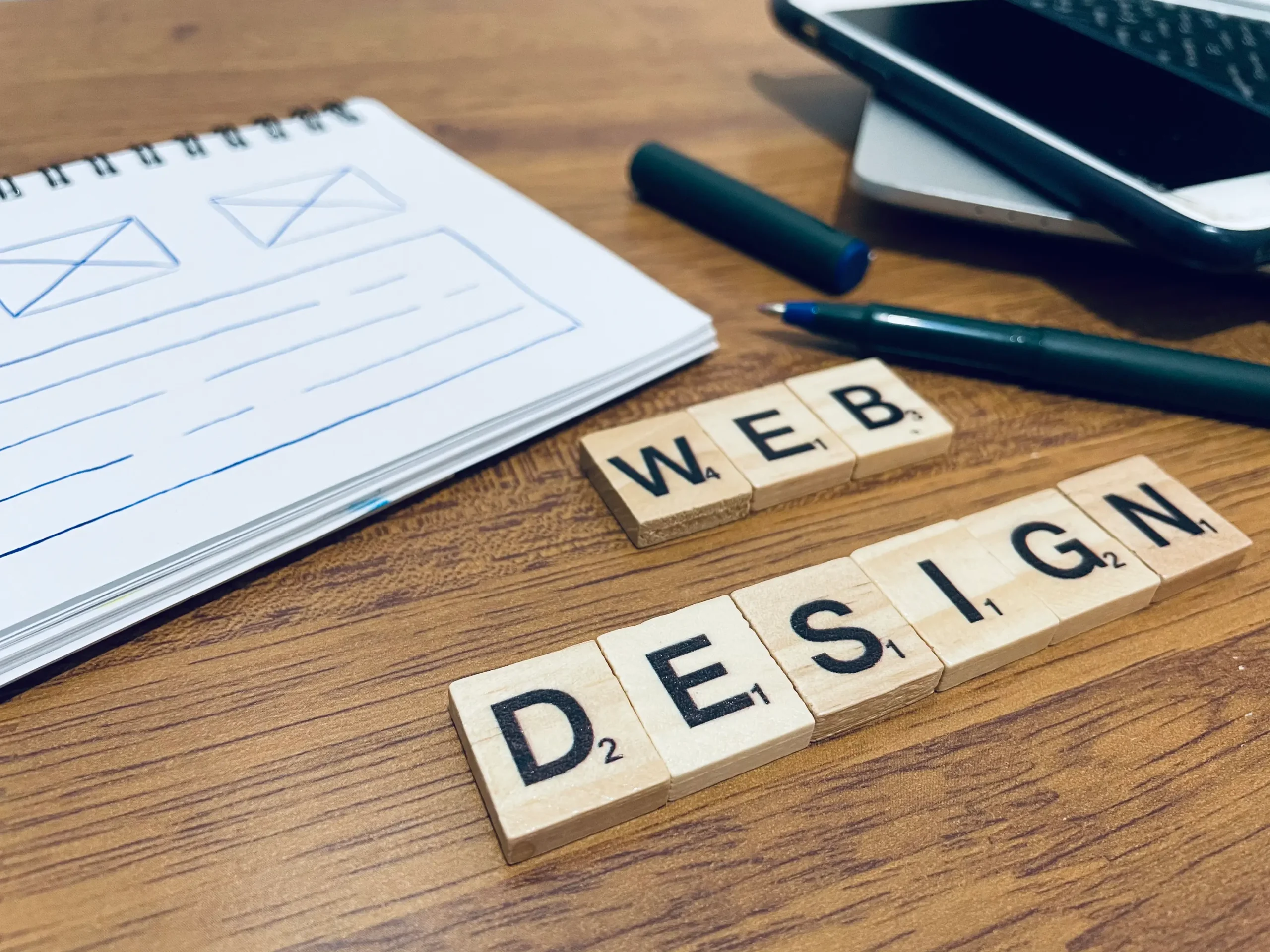 Buchstaben auf Tisch bilden das Wort "Webdesign"